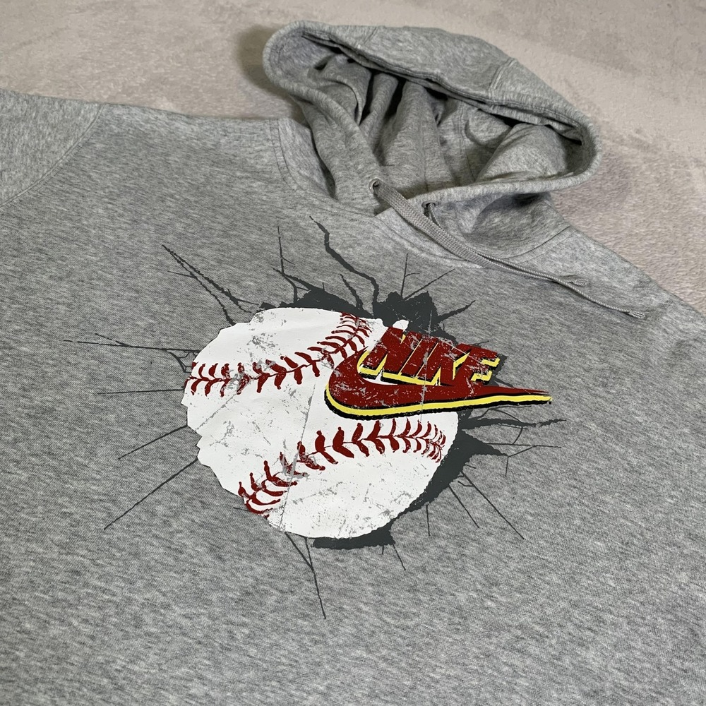 Nike Hoodie Mens XL Gray Pullover Fleece Baseball Swoosh Graphic Sweatshirt